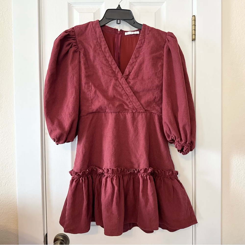 KARLIE Burgundy Linen Blend‎ Puff Sleeve V-Neck Ruffle Hem Dress Size Large